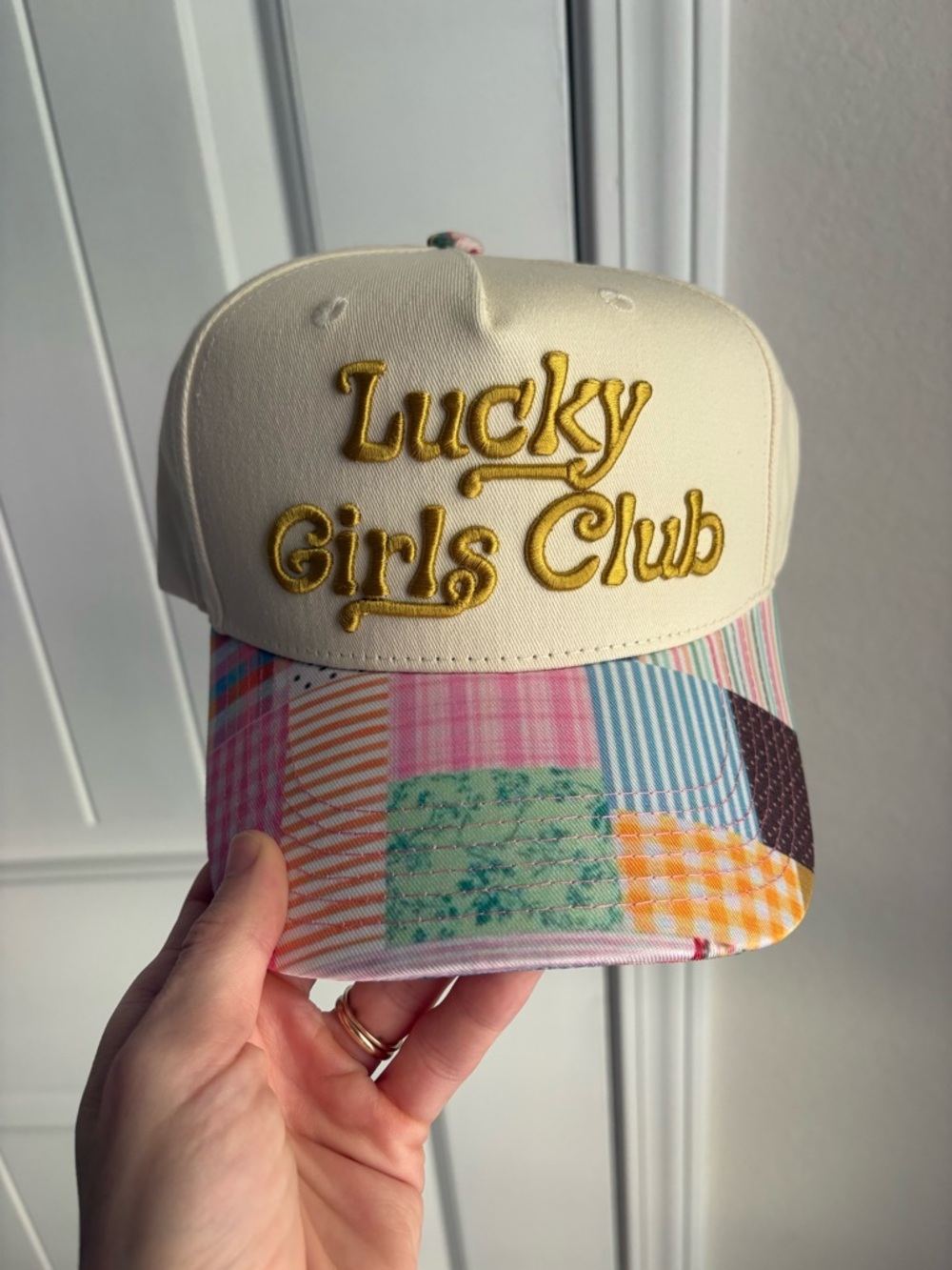 Patchwork Trucker Hat - Beige with Multicolor Brim